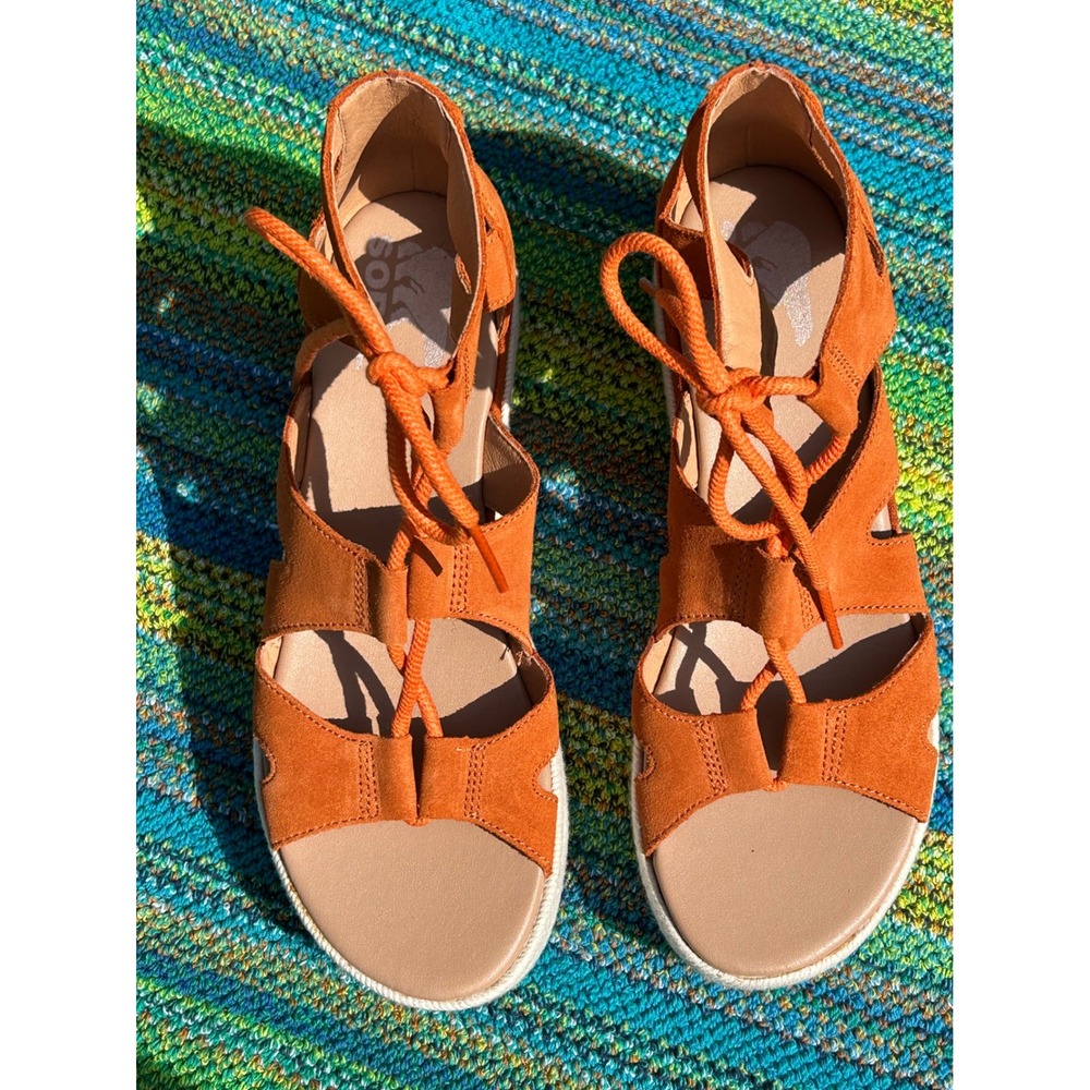 Sorel Cameron Flatform Lace Orange Suede Sandals NL4628-806 Womens 8